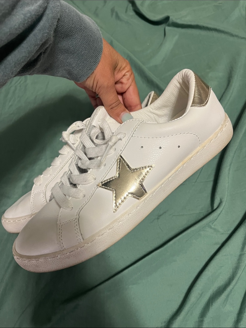 White Leather Women's Sneakers with Metallic Gold Star Accent